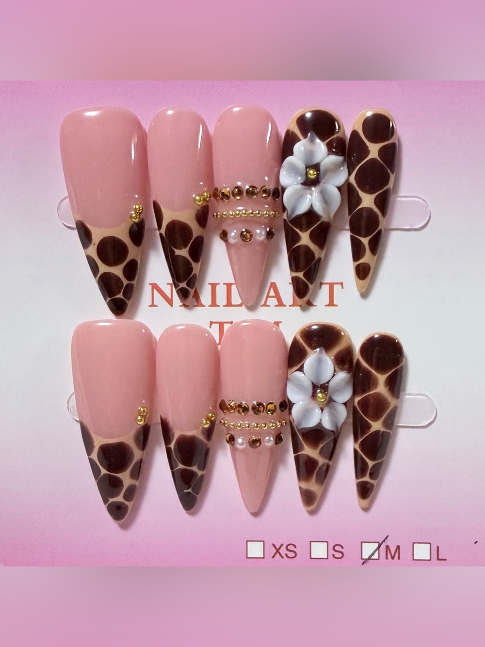 Nude Pink & Brown Giraffe Nail Art Set with 3D Flower Accents